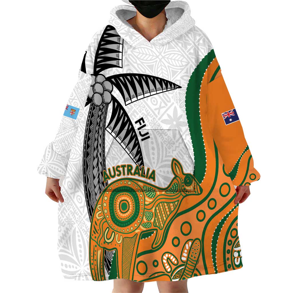 Custom Fiji And Australia Rugby Wearable Blanket Hoodie Fijian Palm Tree Mix Aussie Kangaroo LT14 - Polynesian Pride