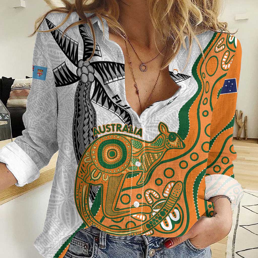 Custom Fiji And Australia Rugby Women Casual Shirt Fijian Palm Tree Mix Aussie Kangaroo LT14 Female Gold - Polynesian Pride