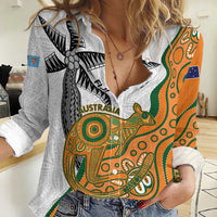 Custom Fiji And Australia Rugby Women Casual Shirt Fijian Palm Tree Mix Aussie Kangaroo LT14 Female Gold - Polynesian Pride