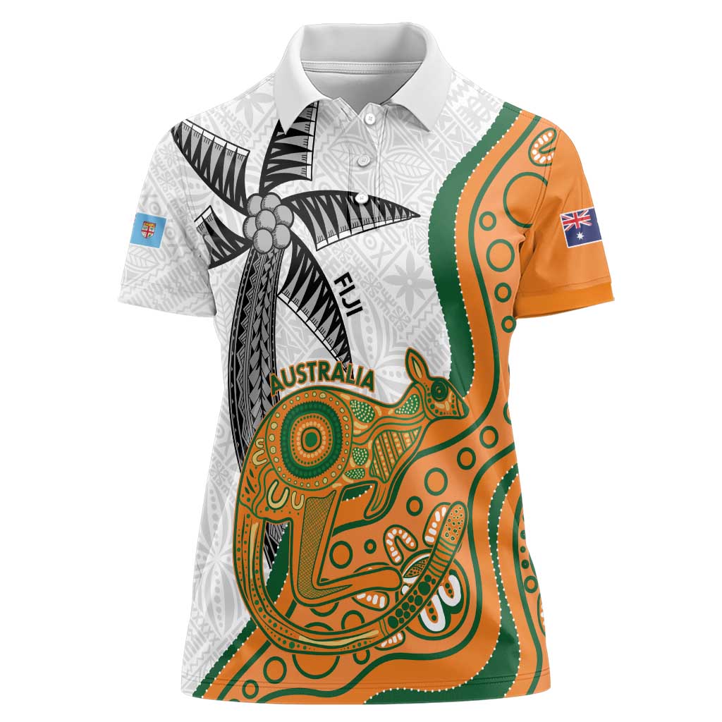 Custom Fiji And Australia Rugby Women Polo Shirt Fijian Palm Tree Mix Aussie Kangaroo LT14 Female Gold - Polynesian Pride