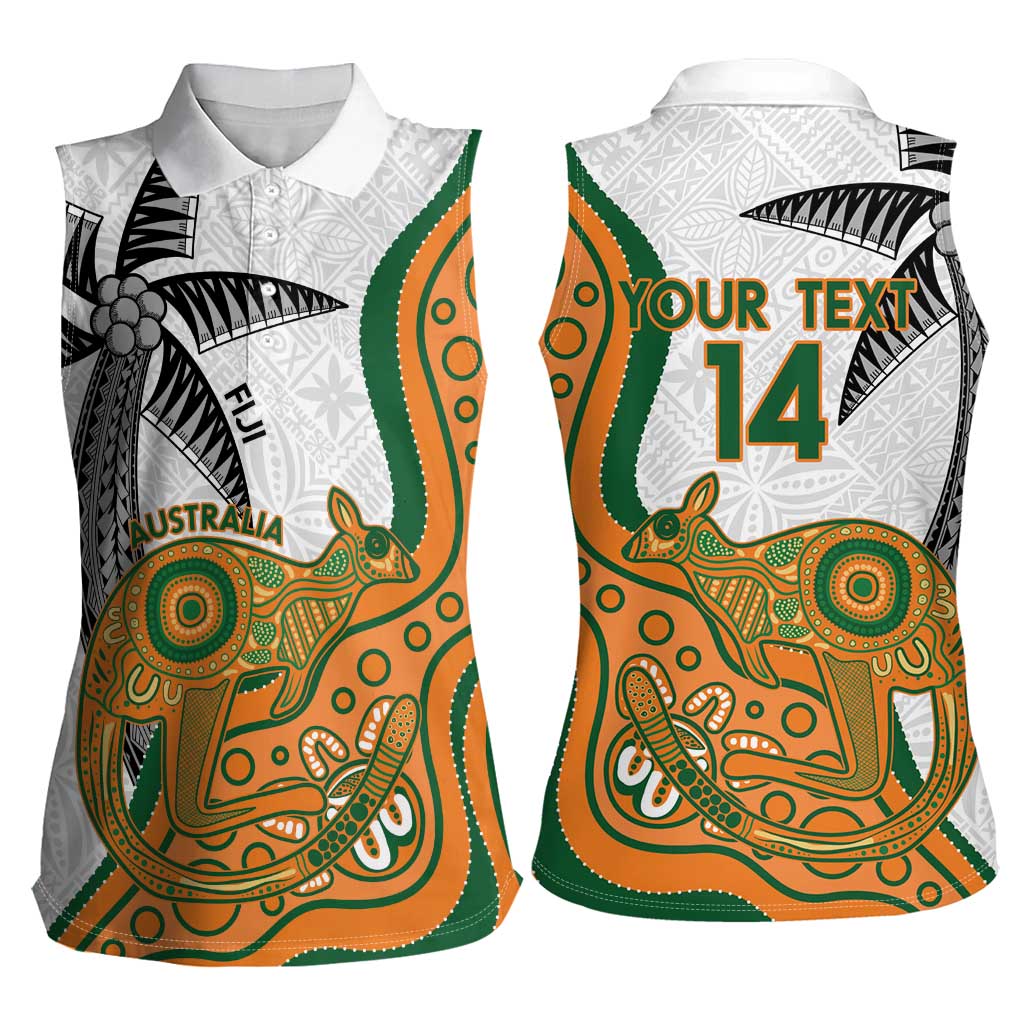 Custom Fiji And Australia Rugby Women Sleeveless Polo Shirt Fijian Palm Tree Mix Aussie Kangaroo LT14 - Polynesian Pride