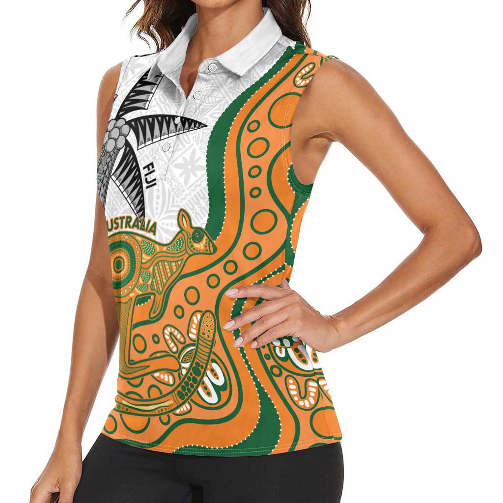 Custom Fiji And Australia Rugby Women Sleeveless Polo Shirt Fijian Palm Tree Mix Aussie Kangaroo LT14 - Polynesian Pride