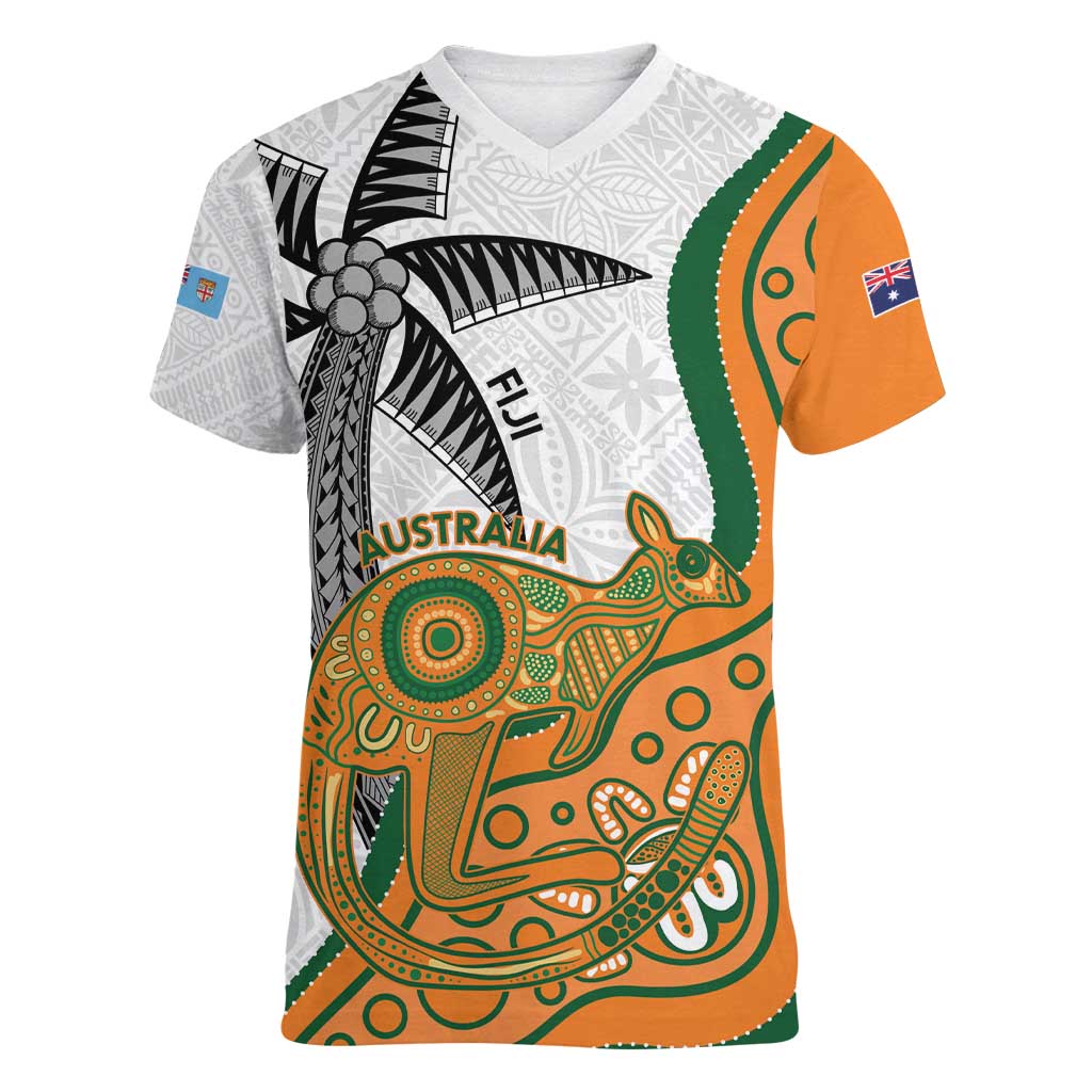 Custom Fiji And Australia Rugby Women V-Neck T-Shirt Fijian Palm Tree Mix Aussie Kangaroo LT14 Female Gold - Polynesian Pride