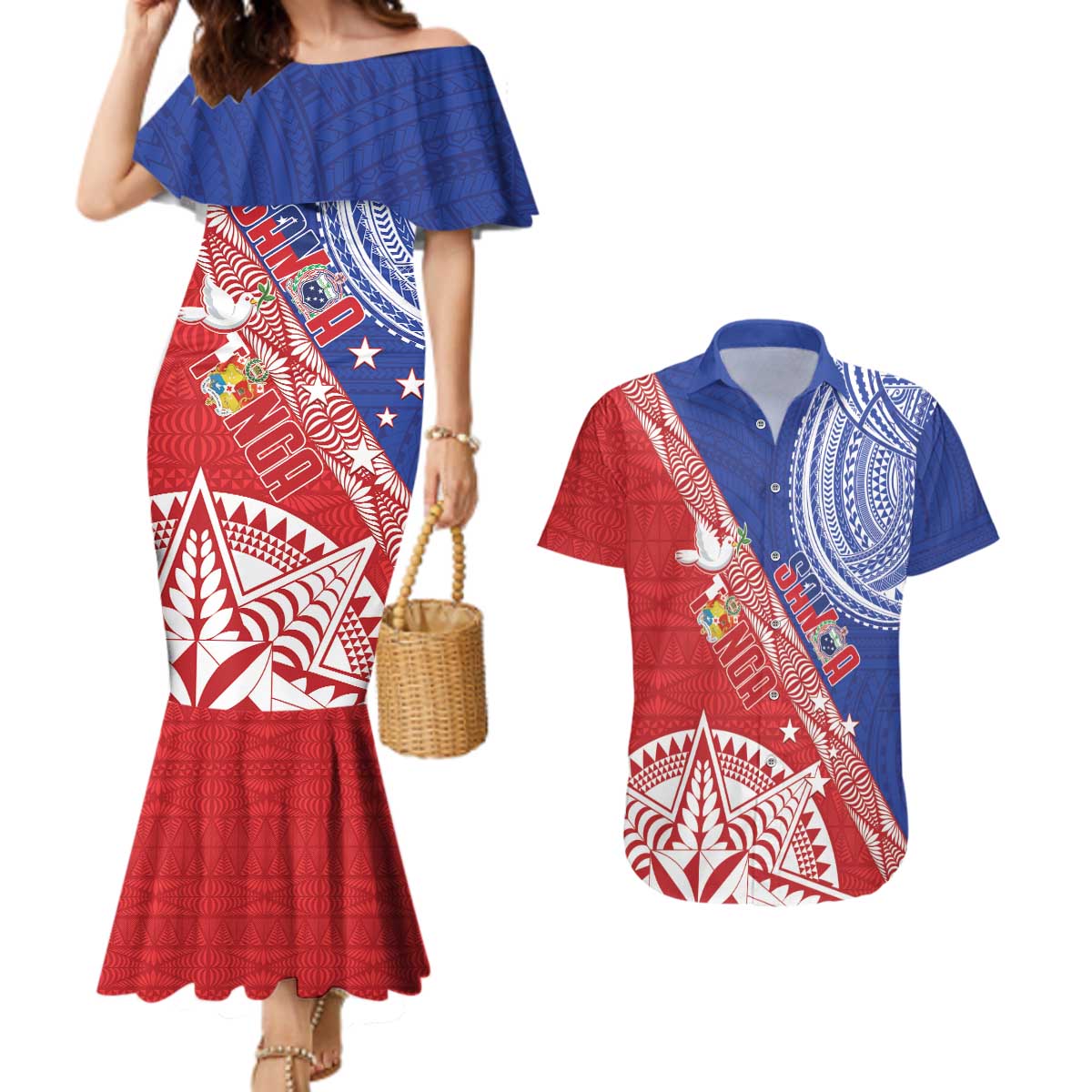 Tonga and Samoa Rugby Custom Couples Matching Mermaid Dress and Hawaiian Shirt Ikale Tahi Manu Samoa Together - Polynesian Pride