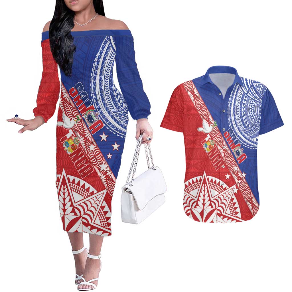 Tonga and Samoa Rugby Custom Couples Matching Off The Shoulder Long Sleeve Dress and Hawaiian Shirt Ikale Tahi Manu Samoa Together LT14 Red - Polynesian Pride