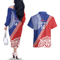 Tonga and Samoa Rugby Custom Couples Matching Off The Shoulder Long Sleeve Dress and Hawaiian Shirt Ikale Tahi Manu Samoa Together LT14 - Polynesian Pride
