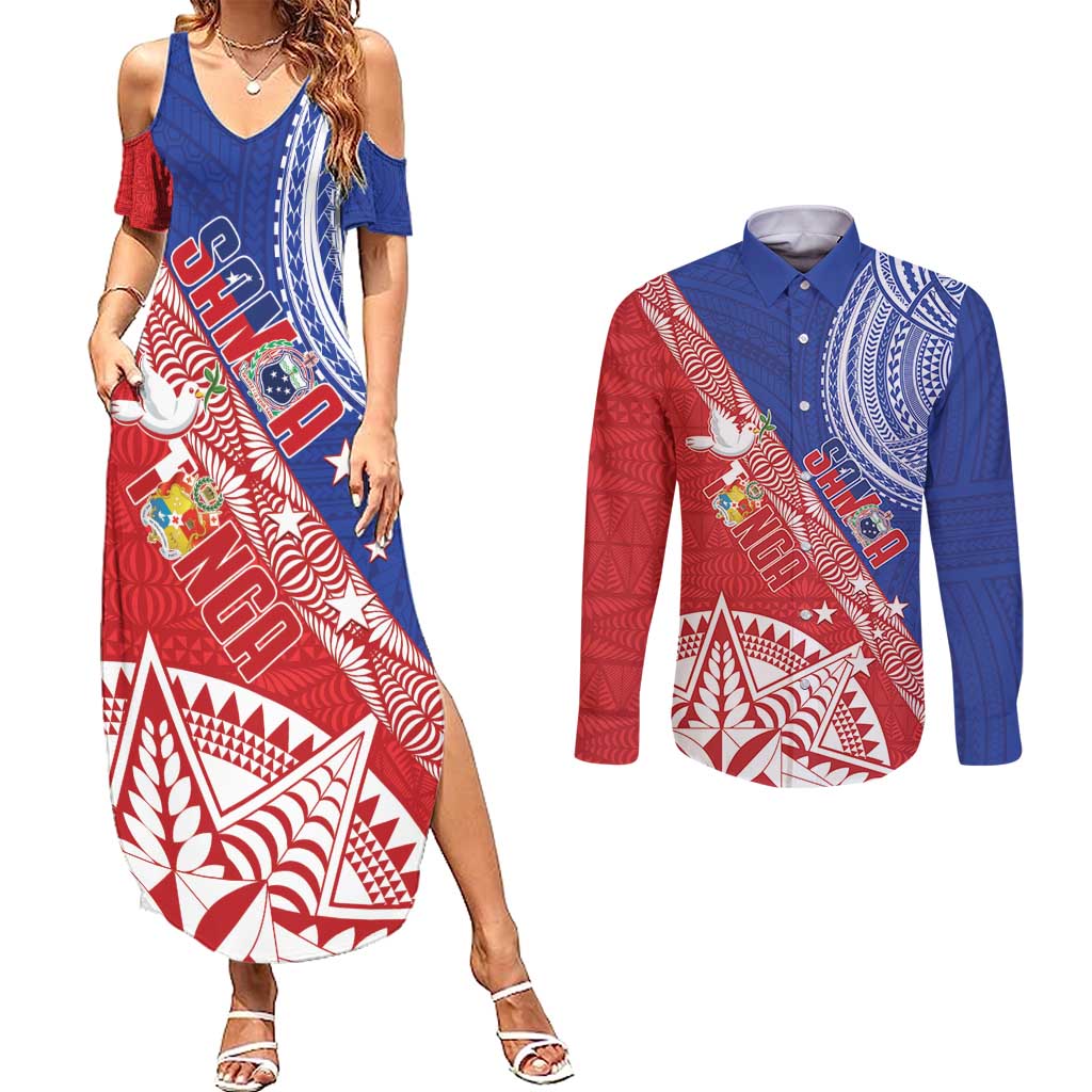 Tonga and Samoa Rugby Custom Couples Matching Summer Maxi Dress and Long Sleeve Button Shirt Ikale Tahi Manu Samoa Together - Polynesian Pride