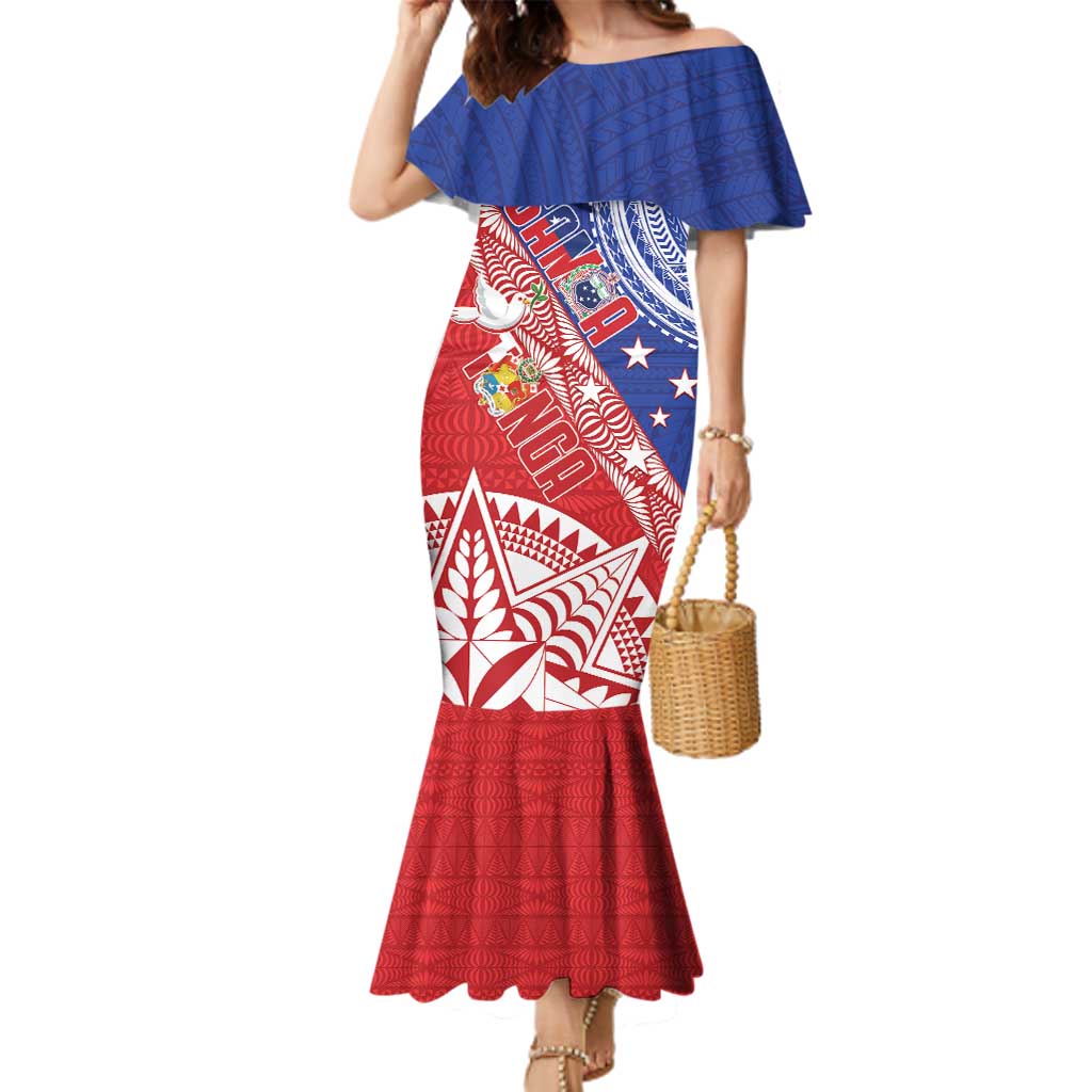 Tonga and Samoa Rugby Custom Family Matching Mermaid Dress and Hawaiian Shirt Ikale Tahi Manu Samoa Together LT14 Mom's Dress Red - Polynesian Pride