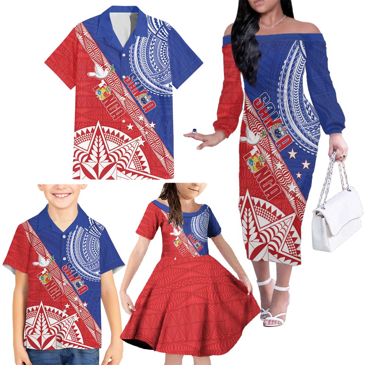 Tonga and Samoa Rugby Custom Family Matching Off The Shoulder Long Sleeve Dress and Hawaiian Shirt Ikale Tahi Manu Samoa Together LT14 - Polynesian Pride