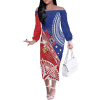 Tonga and Samoa Rugby Custom Family Matching Off The Shoulder Long Sleeve Dress and Hawaiian Shirt Ikale Tahi Manu Samoa Together LT14 Mom's Dress Red - Polynesian Pride