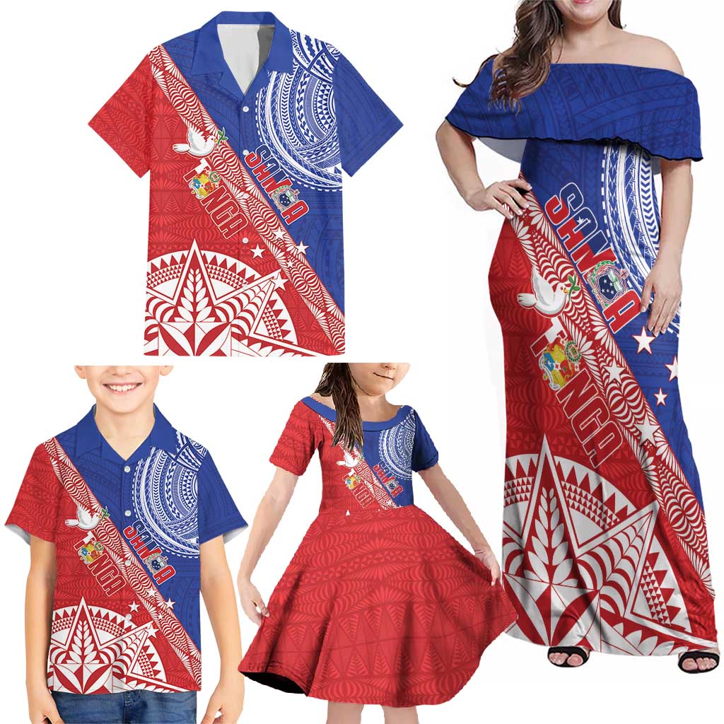 Tonga and Samoa Rugby Custom Family Matching Off Shoulder Maxi Dress and Hawaiian Shirt Ikale Tahi Manu Samoa Together LT14 - Polynesian Pride