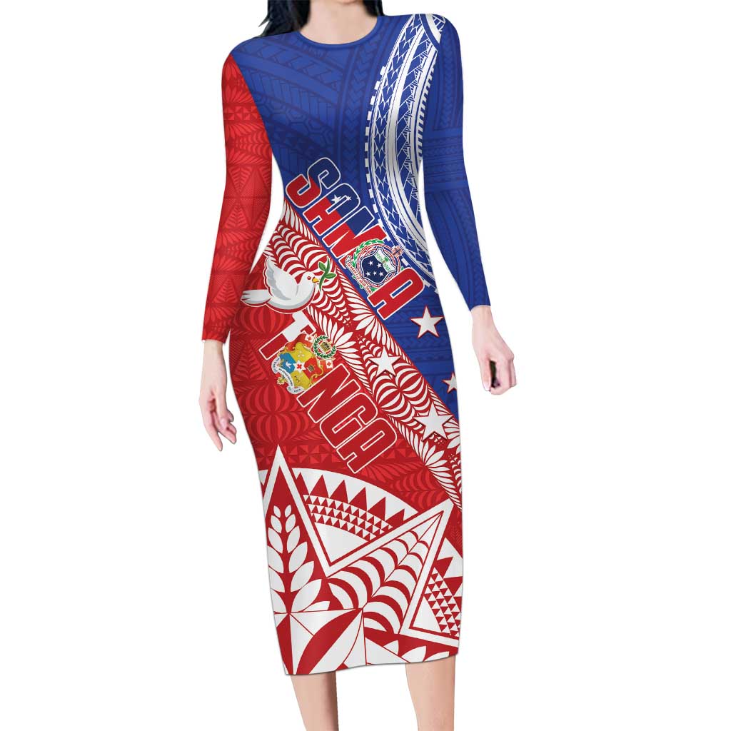 Tonga and Samoa Rugby Custom Long Sleeve Bodycon Dress Ikale Tahi Manu Samoa Together - Polynesian Pride