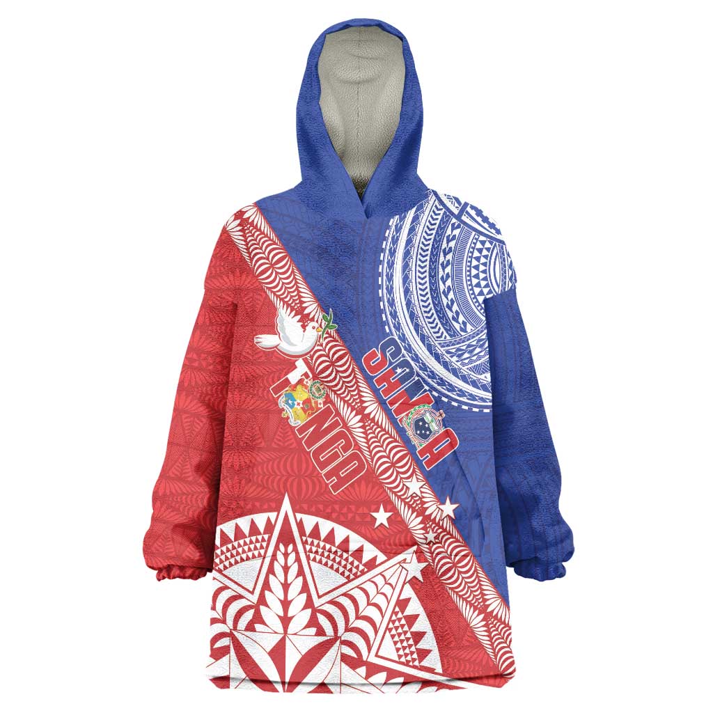 Tonga and Samoa Rugby Custom Wearable Blanket Hoodie Ikale Tahi Manu Samoa Together - Polynesian Pride