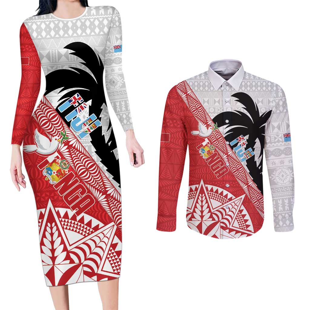 Fiji and Tonga Rugby Custom Couples Matching Long Sleeve Bodycon Dress and Long Sleeve Button Shirt Flying Fijians Ikale Tahi Together Pacific LT14 Red - Polynesian Pride