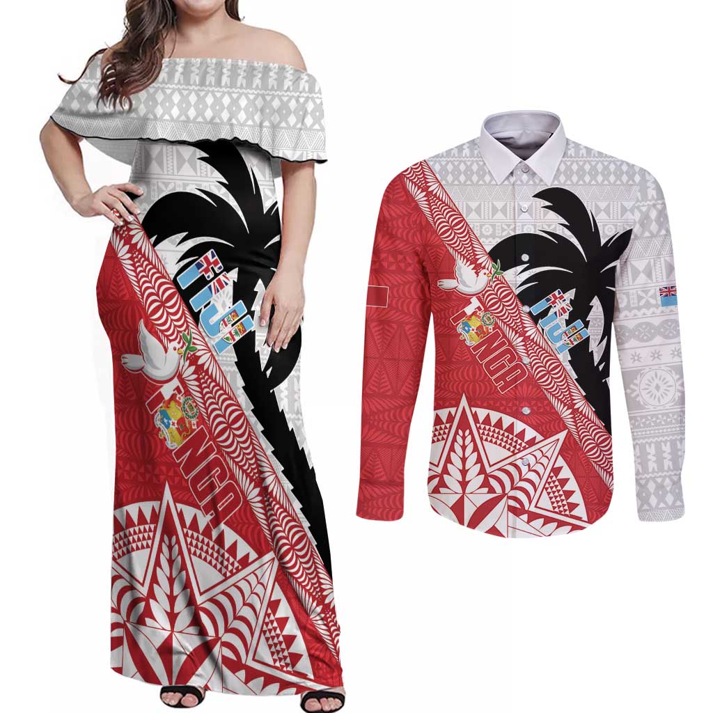 Fiji and Tonga Rugby Custom Couples Matching Off Shoulder Maxi Dress and Long Sleeve Button Shirt Flying Fijians Ikale Tahi Together Pacific LT14 Red - Polynesian Pride