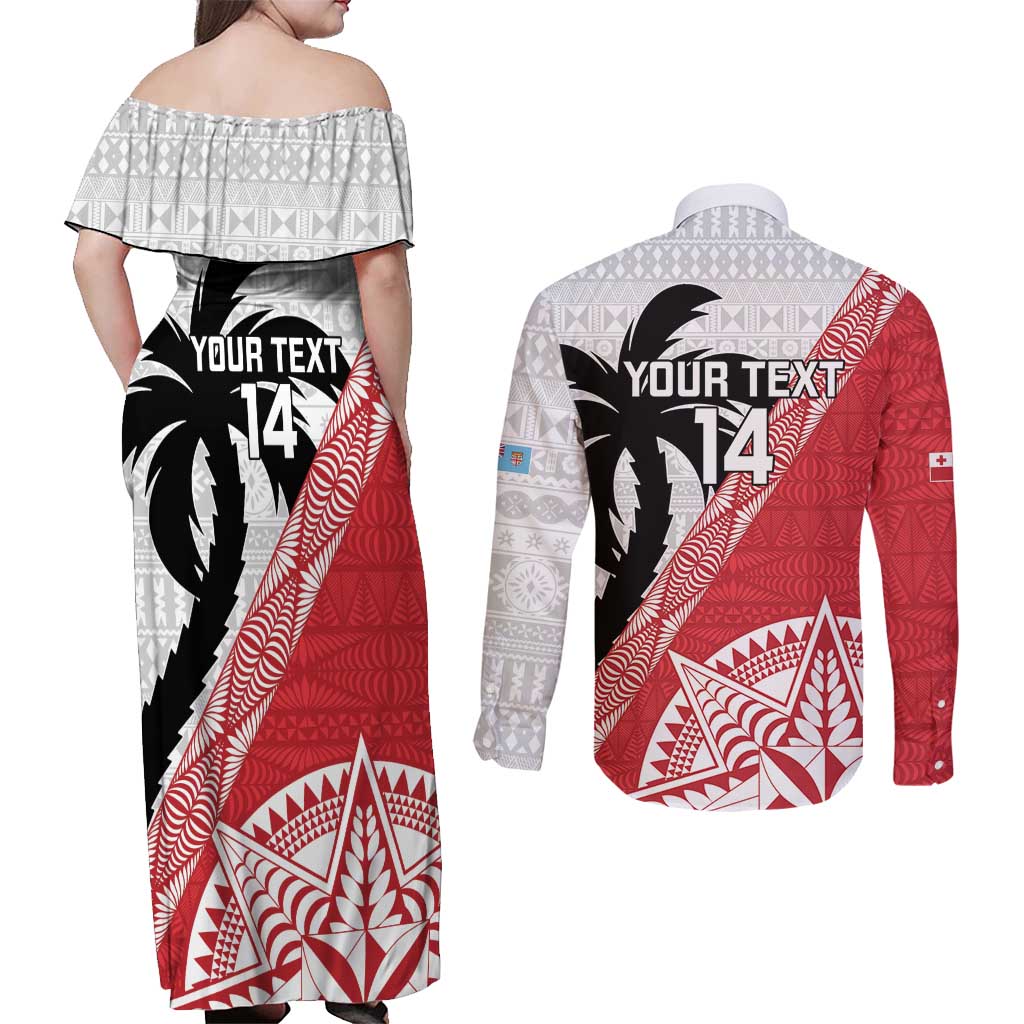Fiji and Tonga Rugby Custom Couples Matching Off Shoulder Maxi Dress and Long Sleeve Button Shirt Flying Fijians Ikale Tahi Together Pacific LT14 - Polynesian Pride