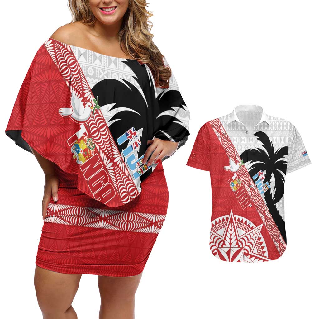 Fiji and Tonga Rugby Custom Couples Matching Off Shoulder Short Dress and Hawaiian Shirt Flying Fijians Ikale Tahi Together Pacific LT14 Red - Polynesian Pride