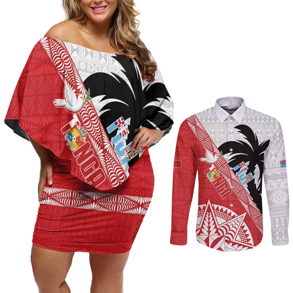 Fiji and Tonga Rugby Custom Couples Matching Off Shoulder Short Dress and Long Sleeve Button Shirt Flying Fijians Ikale Tahi Together Pacific LT14 Red - Polynesian Pride