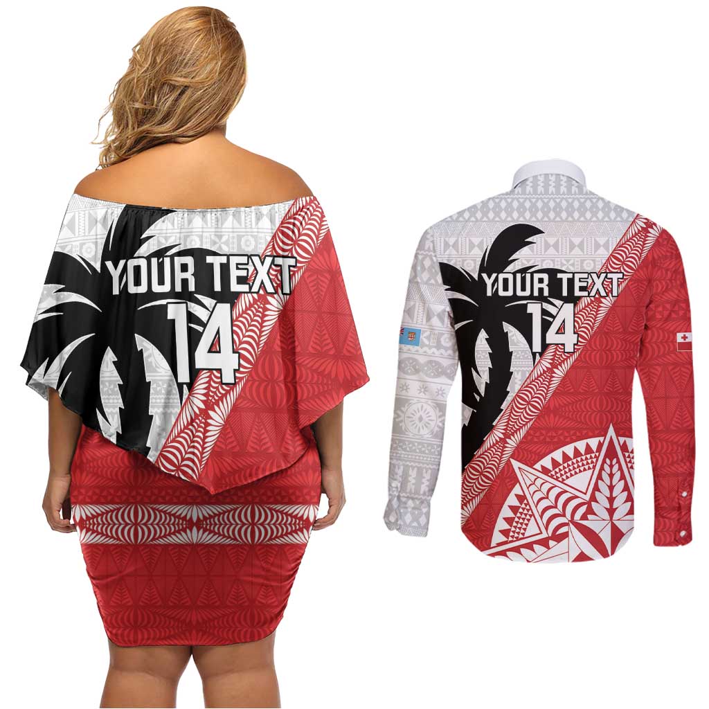 Fiji and Tonga Rugby Custom Couples Matching Off Shoulder Short Dress and Long Sleeve Button Shirt Flying Fijians Ikale Tahi Together Pacific LT14 - Polynesian Pride