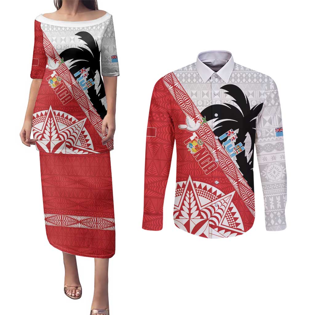 Fiji and Tonga Rugby Custom Couples Matching Puletasi and Long Sleeve Button Shirt Flying Fijians Ikale Tahi Together Pacific LT14 Red - Polynesian Pride