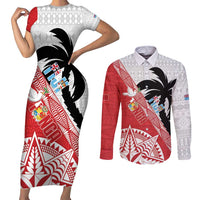 Fiji and Tonga Rugby Custom Couples Matching Short Sleeve Bodycon Dress and Long Sleeve Button Shirt Flying Fijians Ikale Tahi Together Pacific LT14 Red - Polynesian Pride