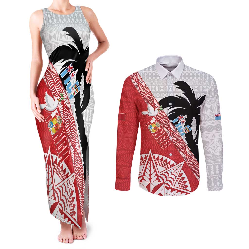 Fiji and Tonga Rugby Custom Couples Matching Tank Maxi Dress and Long Sleeve Button Shirt Flying Fijians Ikale Tahi Together Pacific LT14 Red - Polynesian Pride