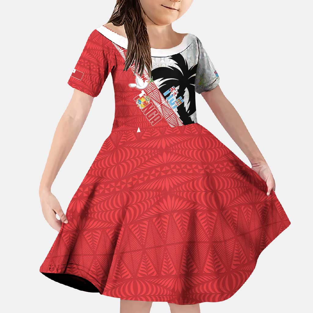 Fiji and Tonga Rugby Custom Family Matching Long Sleeve Bodycon Dress and Hawaiian Shirt Flying Fijians Ikale Tahi Together Pacific LT14 Daughter's Dress Red - Polynesian Pride