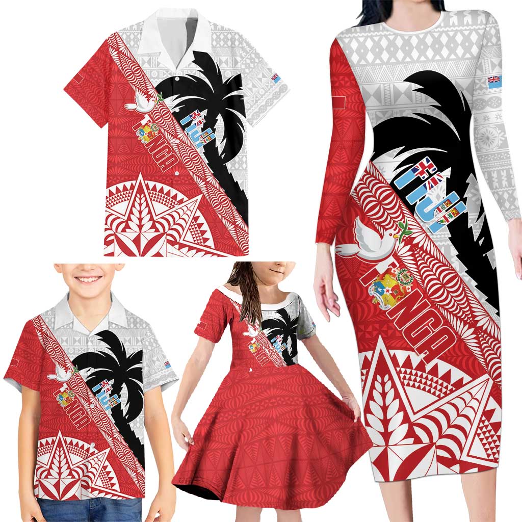 Fiji and Tonga Rugby Custom Family Matching Long Sleeve Bodycon Dress and Hawaiian Shirt Flying Fijians Ikale Tahi Together Pacific LT14 - Polynesian Pride