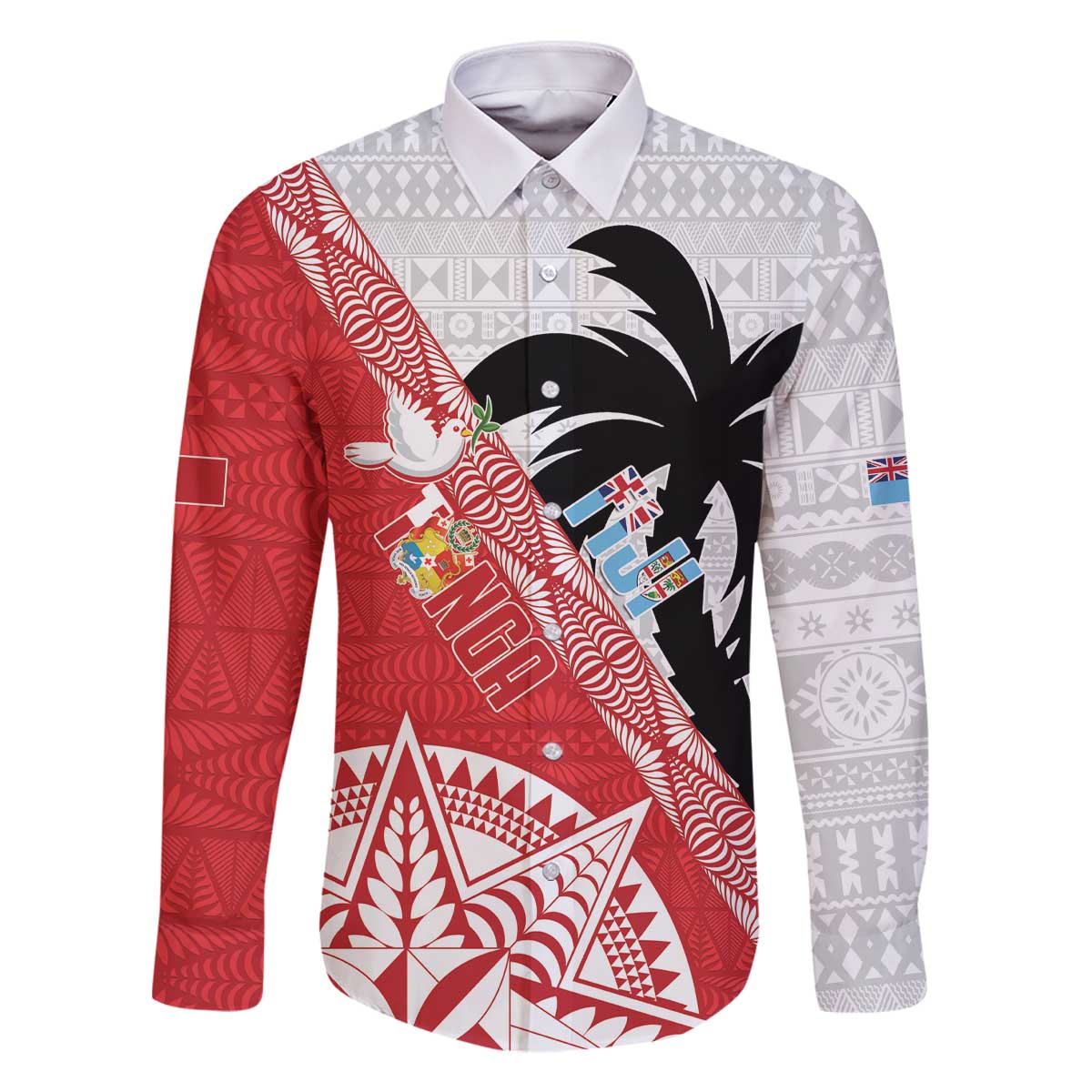Fiji and Tonga Rugby Custom Family Matching Off The Shoulder Long Sleeve Dress and Hawaiian Shirt Flying Fijians Ikale Tahi Together Pacific LT14 Dad's Shirt - Long Sleeve Red - Polynesian Pride
