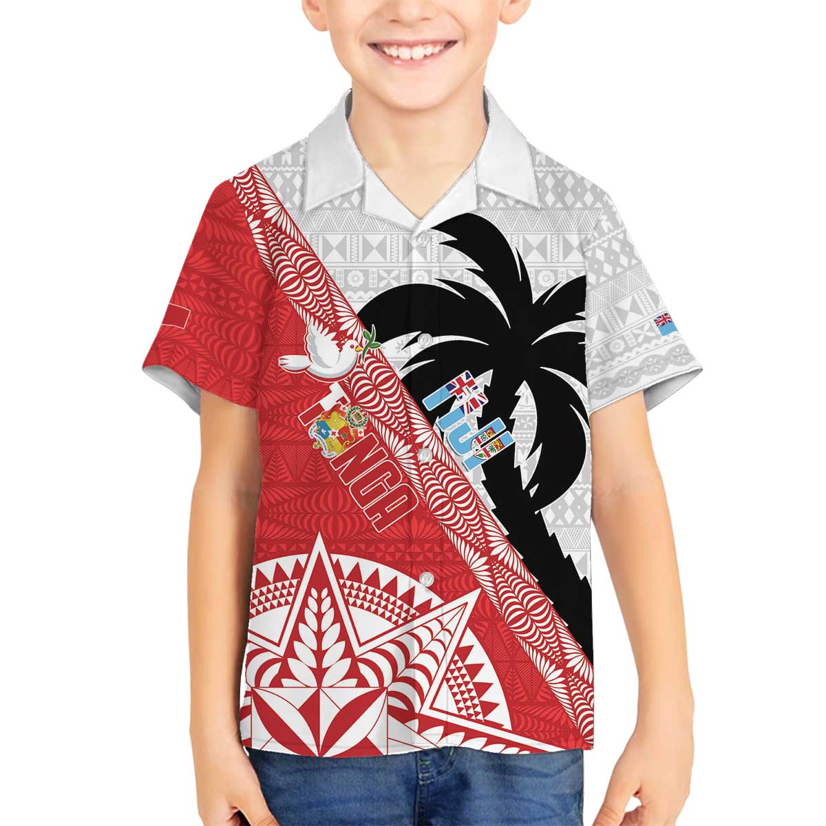 Fiji and Tonga Rugby Custom Family Matching Off The Shoulder Long Sleeve Dress and Hawaiian Shirt Flying Fijians Ikale Tahi Together Pacific LT14 Son's Shirt Red - Polynesian Pride