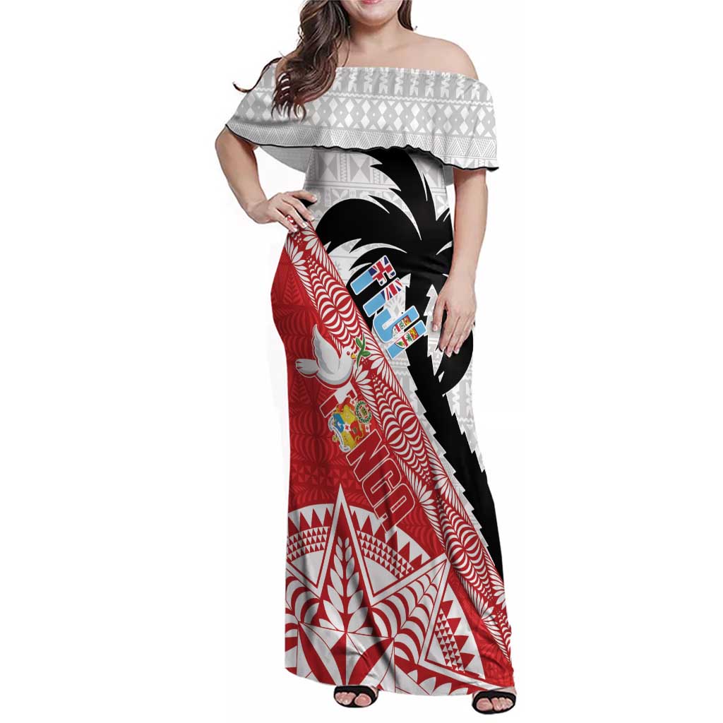 Fiji and Tonga Rugby Custom Family Matching Off Shoulder Maxi Dress and Hawaiian Shirt Flying Fijians Ikale Tahi Together Pacific LT14 Mom's Dress Red - Polynesian Pride