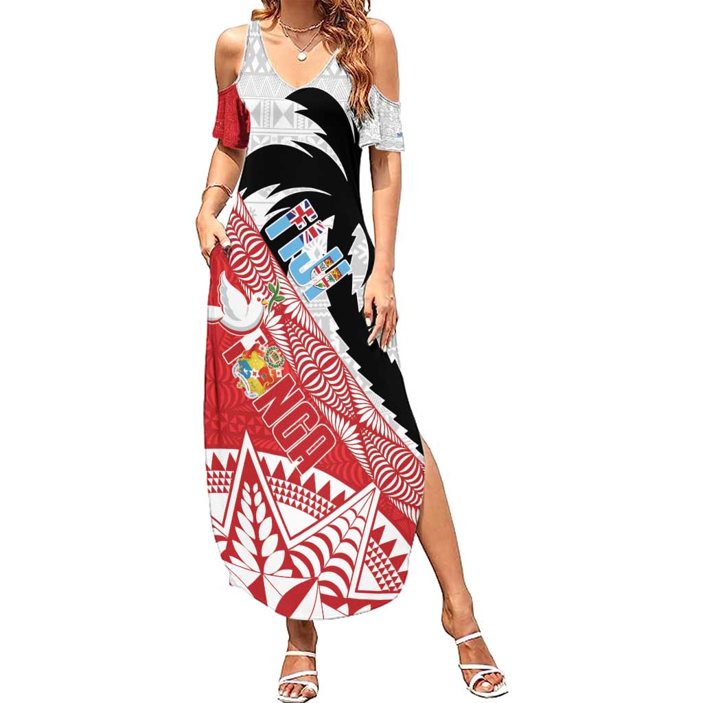 Fiji and Tonga Rugby Custom Family Matching Summer Maxi Dress and Hawaiian Shirt Flying Fijians Ikale Tahi Together Pacific LT14 Mom's Dress Red - Polynesian Pride