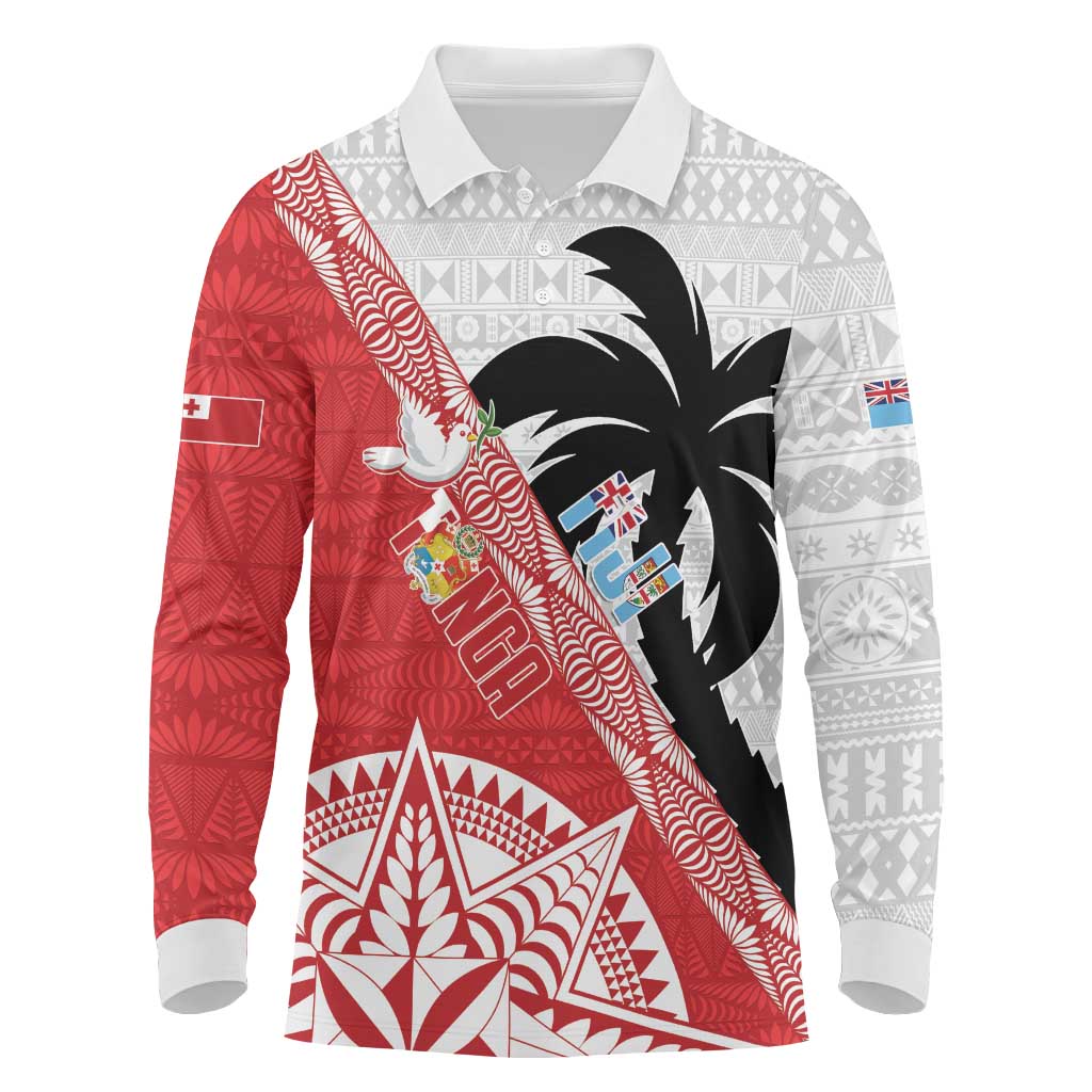 Fiji and Tonga Rugby Custom Long Sleeve Polo Shirt Flying Fijians Ikale Tahi Together Pacific LT14 Red - Polynesian Pride