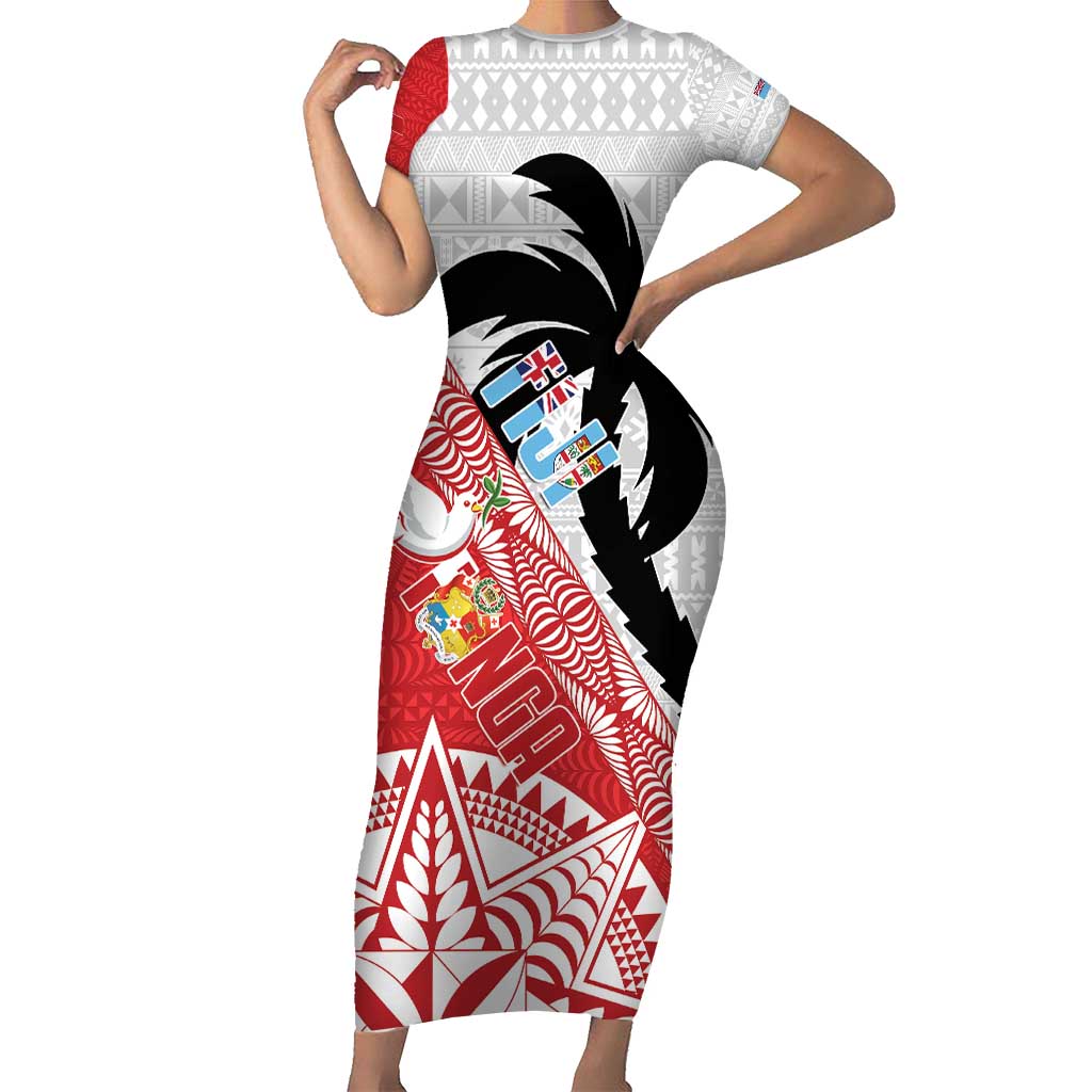 Fiji and Tonga Rugby Custom Short Sleeve Bodycon Dress Flying Fijians Ikale Tahi Together Pacific LT14 Long Dress Red - Polynesian Pride