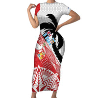 Fiji and Tonga Rugby Custom Short Sleeve Bodycon Dress Flying Fijians Ikale Tahi Together Pacific LT14 Long Dress Red - Polynesian Pride