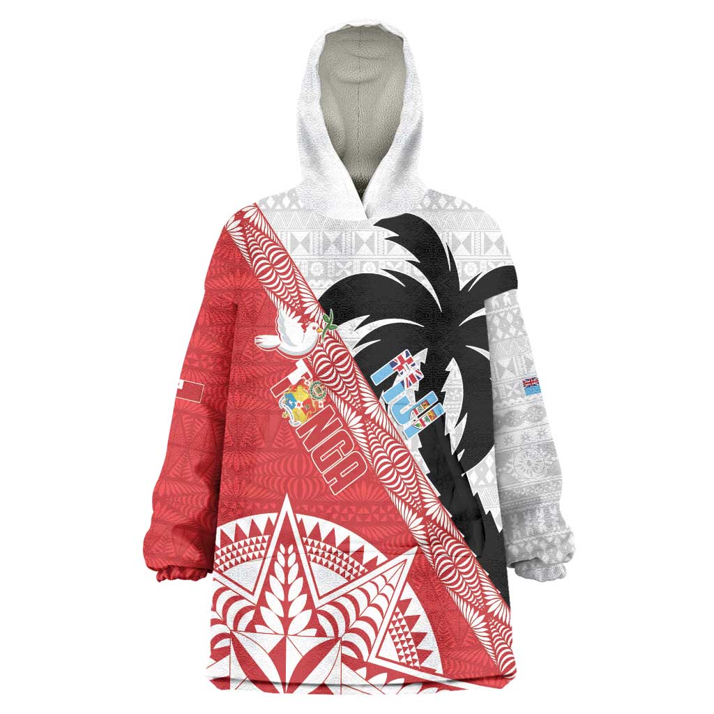 Fiji and Tonga Rugby Custom Wearable Blanket Hoodie Flying Fijians Ikale Tahi Together Pacific LT14 One Size Red - Polynesian Pride