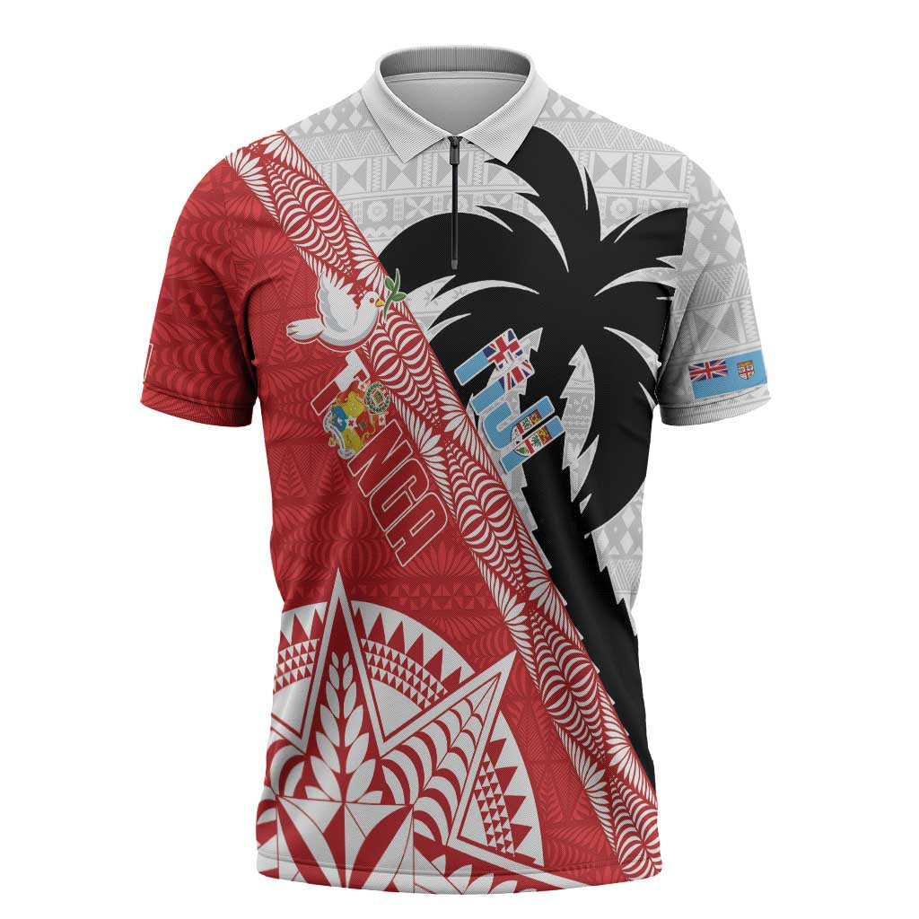 Fiji and Tonga Rugby Custom Zipper Polo Shirt Flying Fijians Ikale Tahi Together Pacific - Polynesian Pride