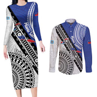Fiji an Samoa Rugby Custom Couples Matching Long Sleeve Bodycon Dress and Long Sleeve Button Shirt Flying Fijians Manu Samoa Together Pacific LT14 Blue - Polynesian Pride