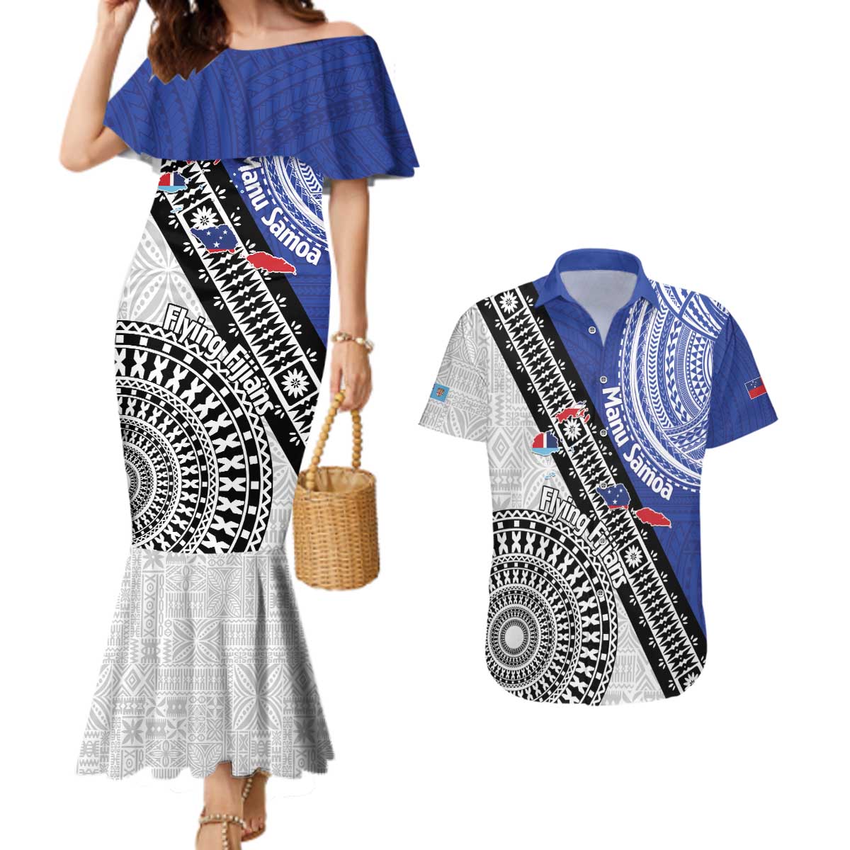 Fiji an Samoa Rugby Custom Couples Matching Mermaid Dress and Hawaiian Shirt Flying Fijians Manu Samoa Together Pacific LT14 Blue - Polynesian Pride