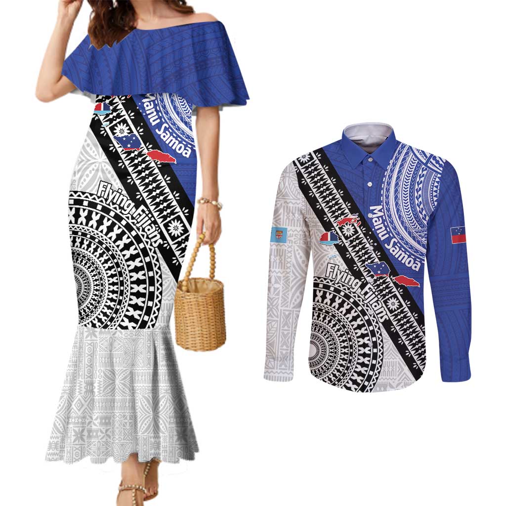 Fiji an Samoa Rugby Custom Couples Matching Mermaid Dress and Long Sleeve Button Shirt Flying Fijians Manu Samoa Together Pacific LT14 Blue - Polynesian Pride