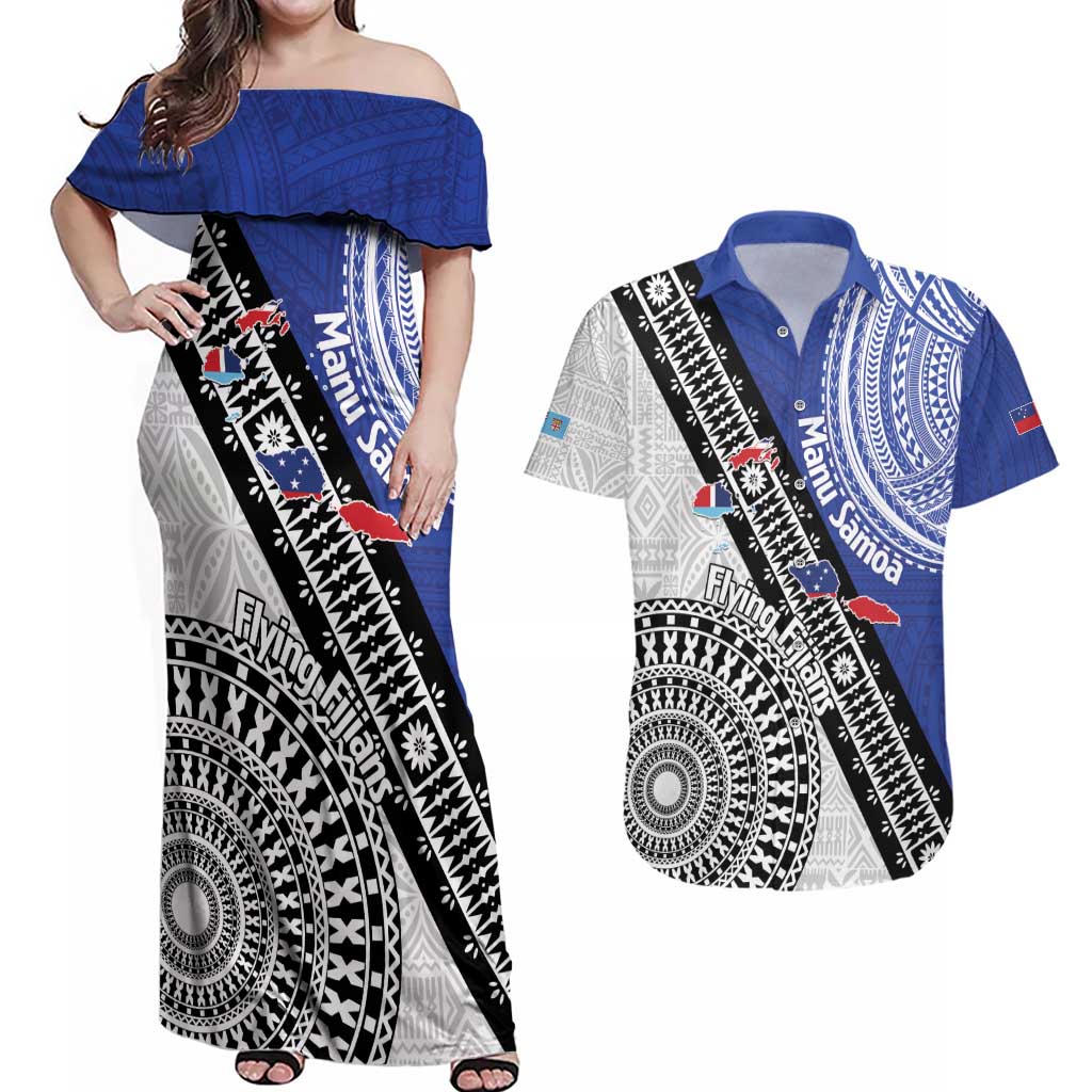 Fiji an Samoa Rugby Custom Couples Matching Off Shoulder Maxi Dress and Hawaiian Shirt Flying Fijians Manu Samoa Together Pacific LT14 Blue - Polynesian Pride