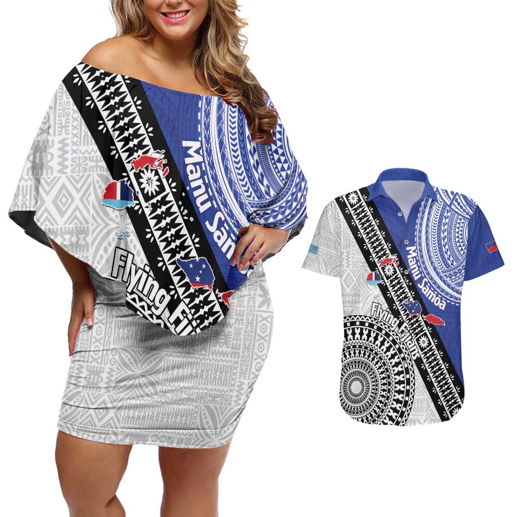 Fiji an Samoa Rugby Custom Couples Matching Off Shoulder Short Dress and Hawaiian Shirt Flying Fijians Manu Samoa Together Pacific LT14 Blue - Polynesian Pride