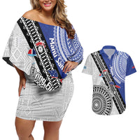 Fiji an Samoa Rugby Custom Couples Matching Off Shoulder Short Dress and Hawaiian Shirt Flying Fijians Manu Samoa Together Pacific LT14 Blue - Polynesian Pride
