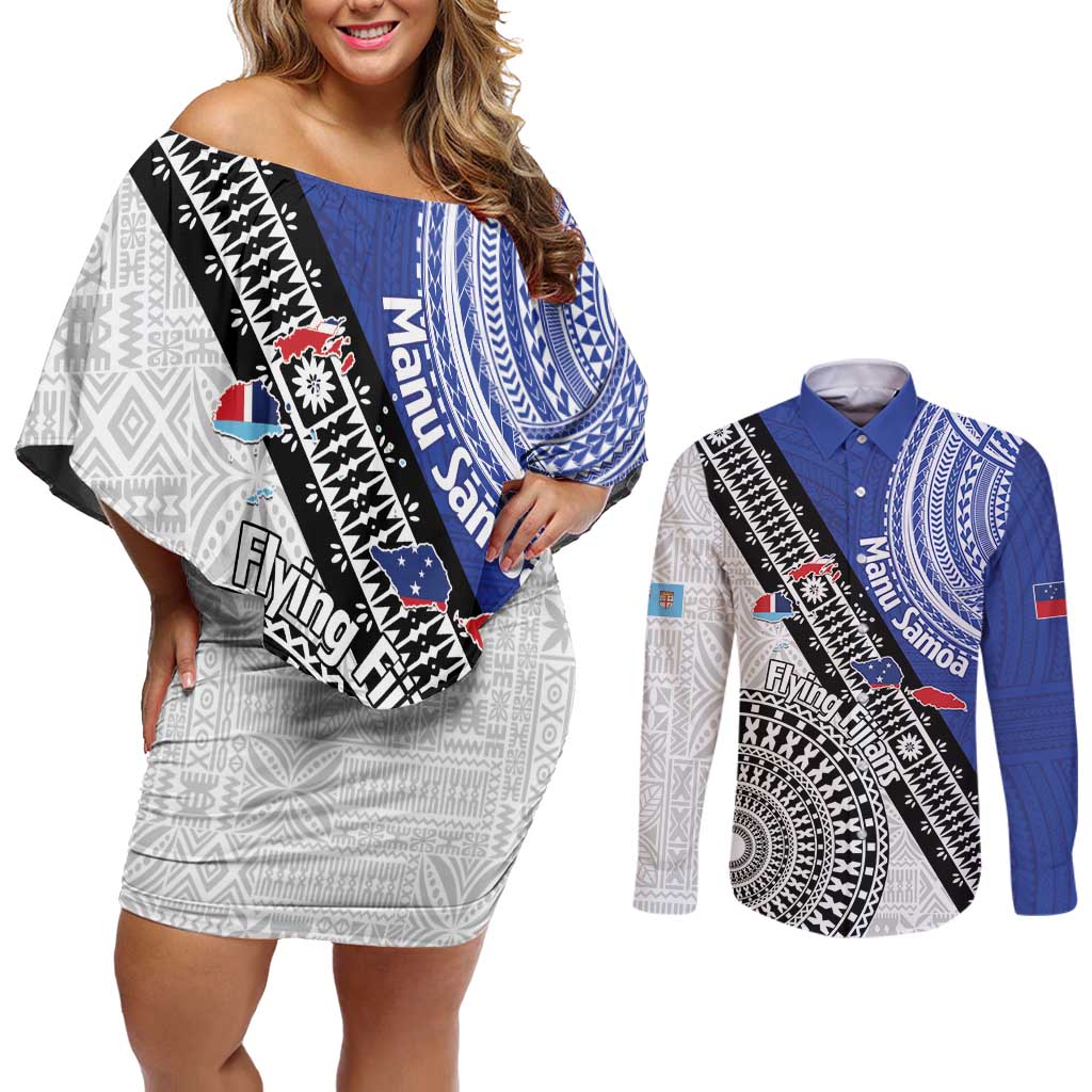 Fiji an Samoa Rugby Custom Couples Matching Off Shoulder Short Dress and Long Sleeve Button Shirt Flying Fijians Manu Samoa Together Pacific LT14 Blue - Polynesian Pride