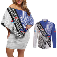 Fiji an Samoa Rugby Custom Couples Matching Off Shoulder Short Dress and Long Sleeve Button Shirt Flying Fijians Manu Samoa Together Pacific LT14 Blue - Polynesian Pride
