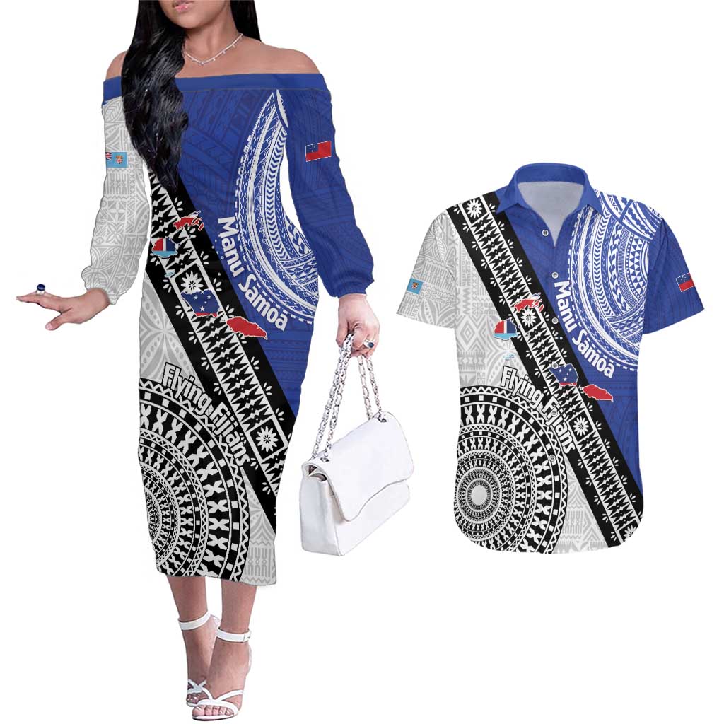 Fiji an Samoa Rugby Custom Couples Matching Off The Shoulder Long Sleeve Dress and Hawaiian Shirt Flying Fijians Manu Samoa Together Pacific LT14 Blue - Polynesian Pride