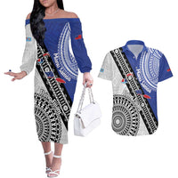 Fiji an Samoa Rugby Custom Couples Matching Off The Shoulder Long Sleeve Dress and Hawaiian Shirt Flying Fijians Manu Samoa Together Pacific LT14 Blue - Polynesian Pride