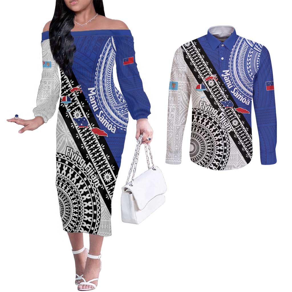Fiji an Samoa Rugby Custom Couples Matching Off The Shoulder Long Sleeve Dress and Long Sleeve Button Shirt Flying Fijians Manu Samoa Together Pacific LT14 Blue - Polynesian Pride
