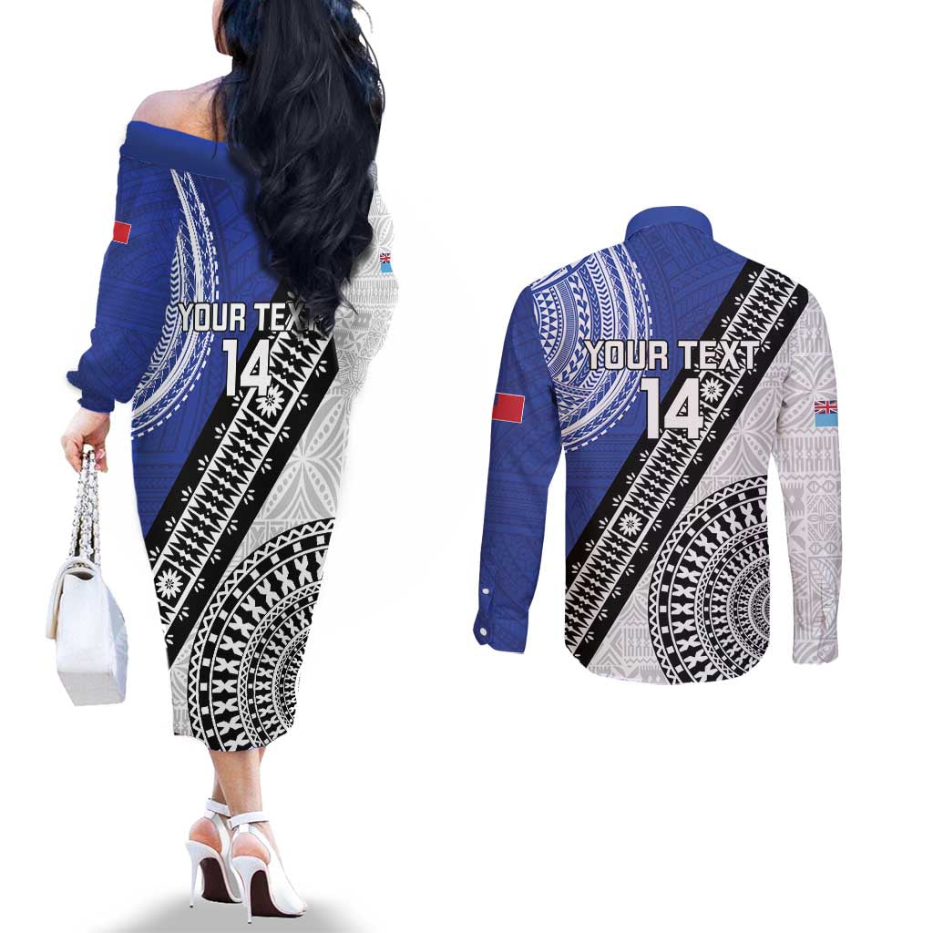 Fiji an Samoa Rugby Custom Couples Matching Off The Shoulder Long Sleeve Dress and Long Sleeve Button Shirt Flying Fijians Manu Samoa Together Pacific LT14 - Polynesian Pride