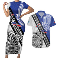Fiji an Samoa Rugby Custom Couples Matching Short Sleeve Bodycon Dress and Hawaiian Shirt Flying Fijians Manu Samoa Together Pacific LT14 Blue - Polynesian Pride